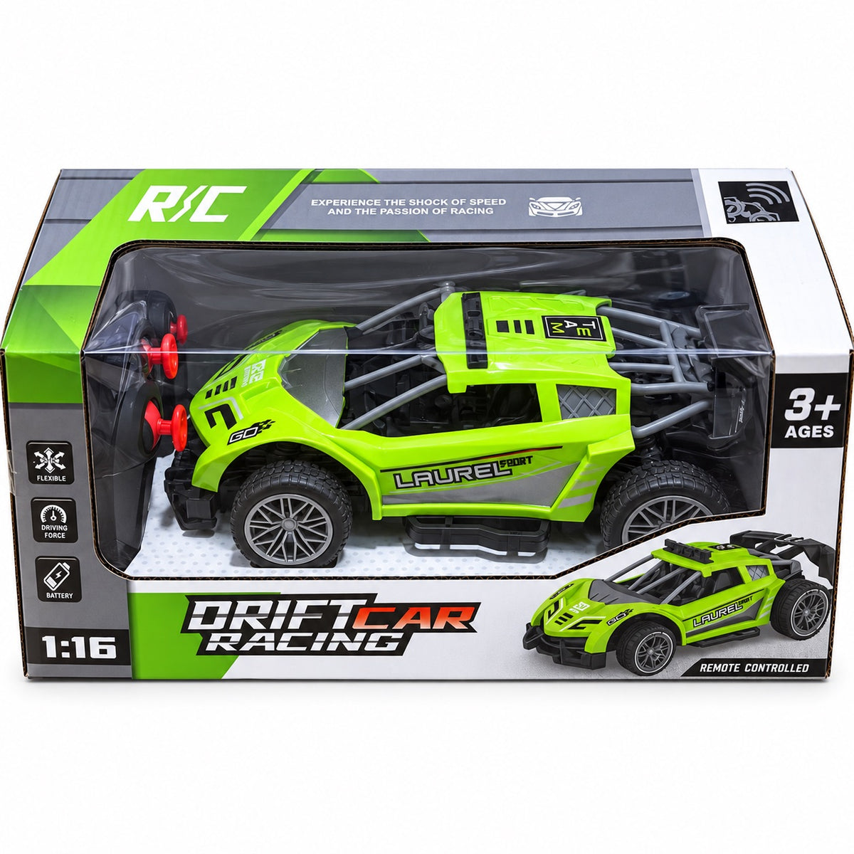 Boîte de la voiture radiocommandée Drift Car Racing verte à l'échelle 1:16 avec télécommande