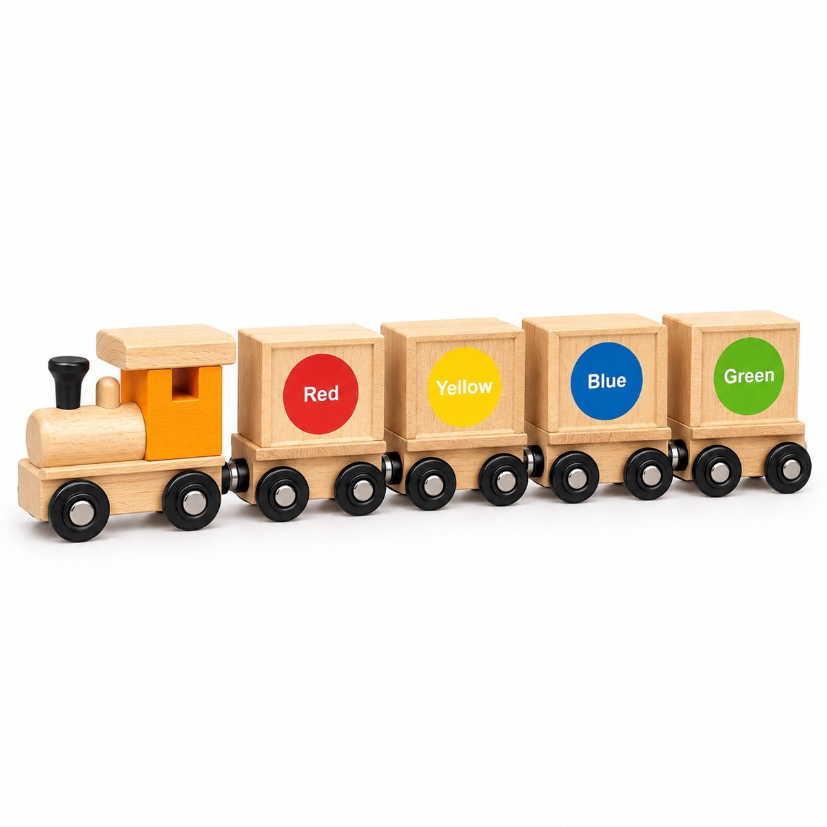 Train en bois DR.MU : locomotive et 4 wagons Red, Yellow, Blue et Green pour apprendre les couleurs