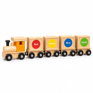 Train en bois DR.MU : locomotive et 4 wagons Red, Yellow, Blue et Green pour apprendre les couleurs