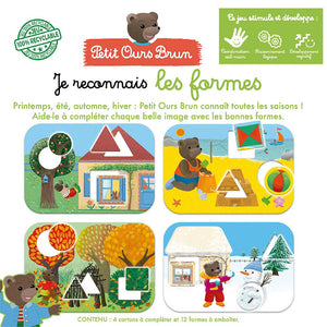 Dos de la boîte : contenu 4 cartons à compléter et 12 formes à emboîter, jeu 100 % recyclable