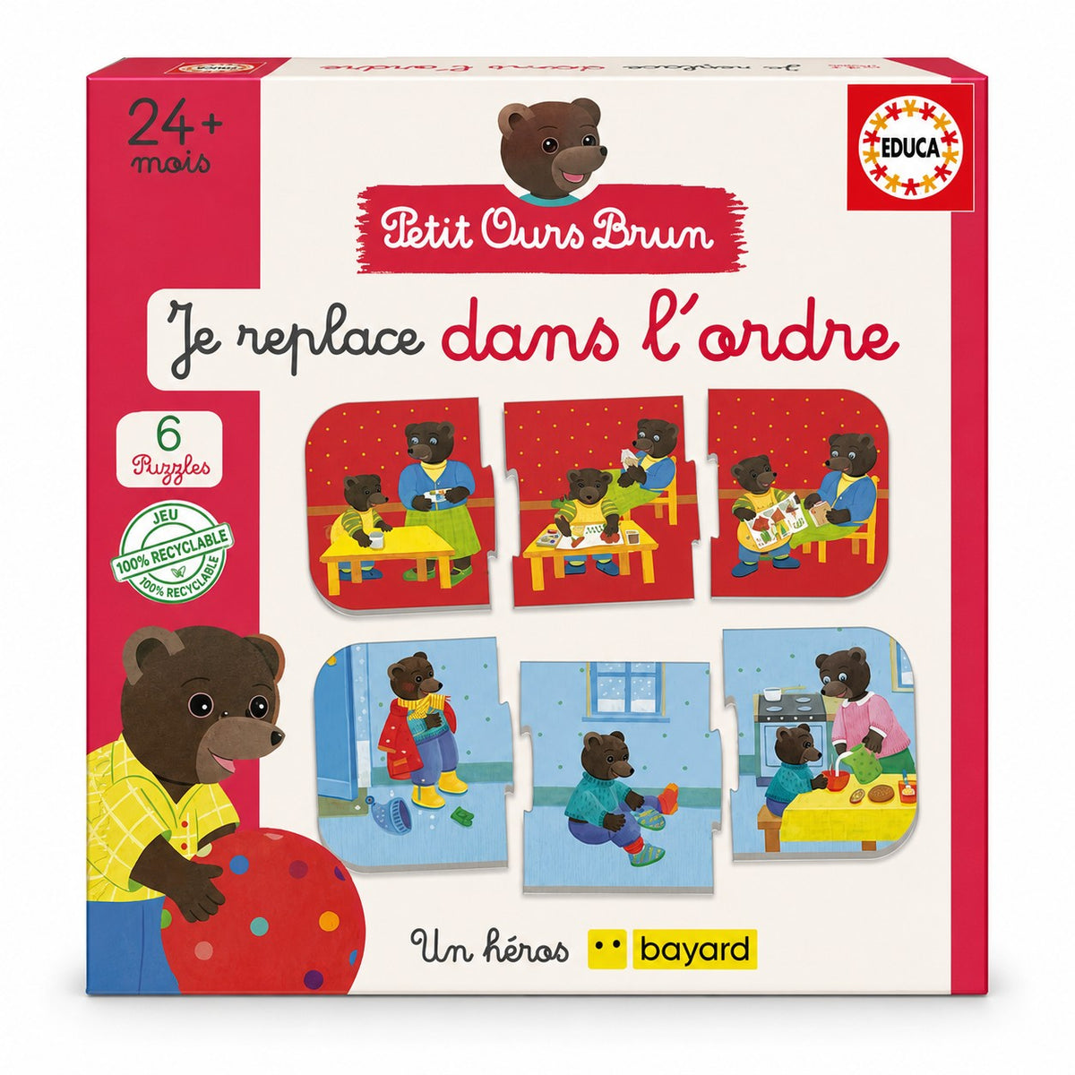 Boîte Educa Petit Ours Brun Je replace dans l'ordre : 6 puzzles de 3 images à remettre en séquence, dès 24 mois