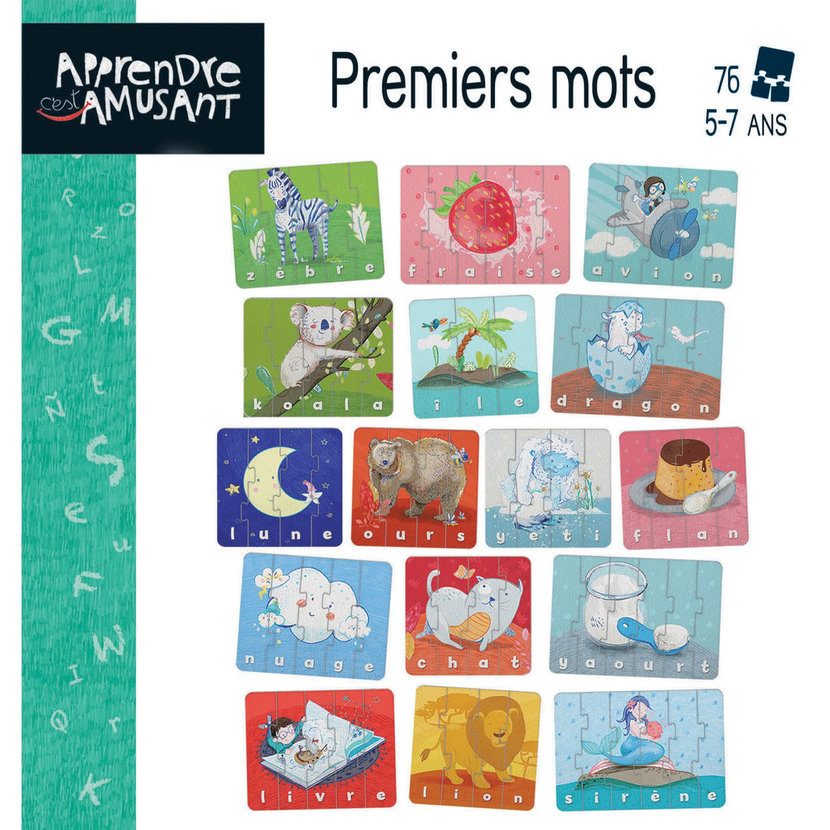 Les 16 puzzles-mots du jeu Educa Premiers mots : zèbre, fraise, avion, koala, île, dragon, lune, ours, yéti, flan, nuage, chat, yaourt, livre, lion, sirène
