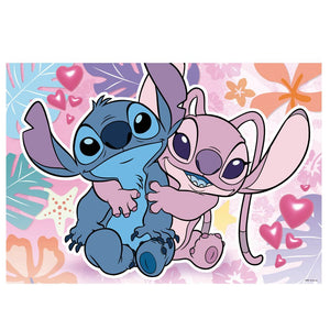 Visuel du puzzle : Stitch et Angel dans un décor tropical rose et turquoise
