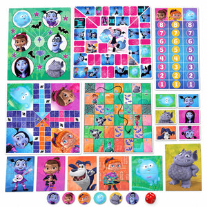 Contenu du coffret Vampirina 8 en 1 : plateaux, loto, cartes mémoire, mini-puzzles, pions et dé