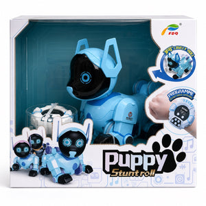 Boîte du chien robot FDQ Puppy Stuntroll bleu avec sa montre-télécommande et la fonction roulade 360°