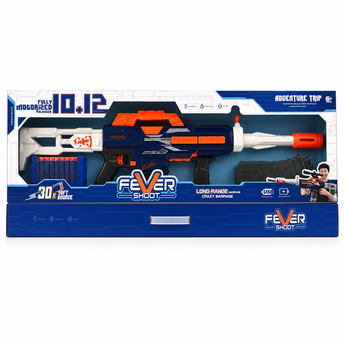Boîte Fever Shoot : blaster motorisé avec 2 chargeurs, 30 fléchettes en mousse et batterie USB, dès 6 ans