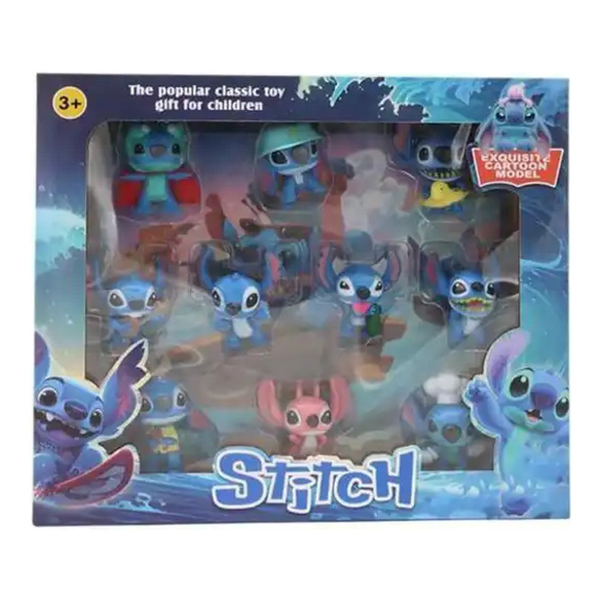 Coffret vitrine de 10 mini-figurines Stitch et Angel de 3 cm, 9 bleues et 1 rose