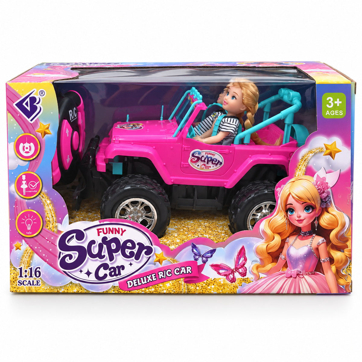 Coffret Funny Super Car : jeep 4x4 rose radiocommandée à l'échelle 1:16 avec poupée blonde au volant et télécommande, dès 3 ans