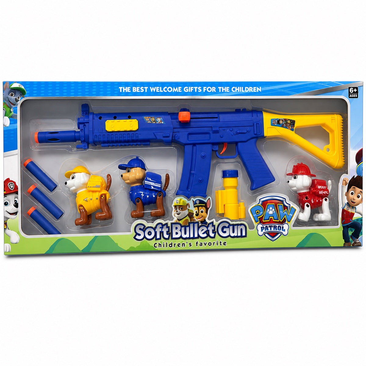 Coffret fusil à fléchettes en mousse bleu et jaune avec 3 fléchettes, 3 figurines de chiens de sauvetage et cibles à renverser