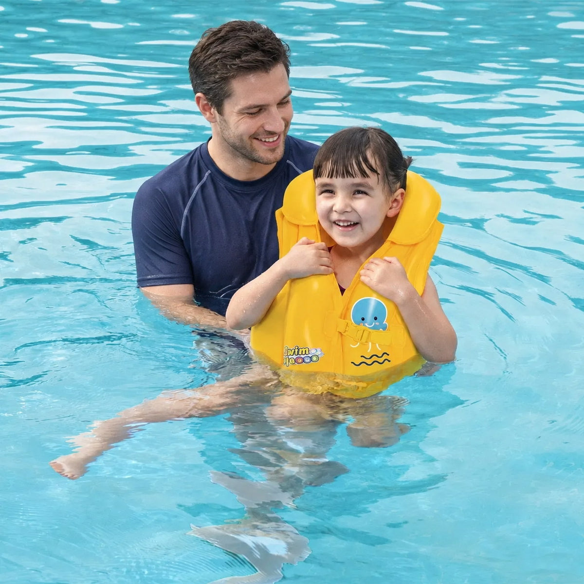 Enfant portant le gilet de natation gonflable jaune Bestway Swim Safe dans la piscine