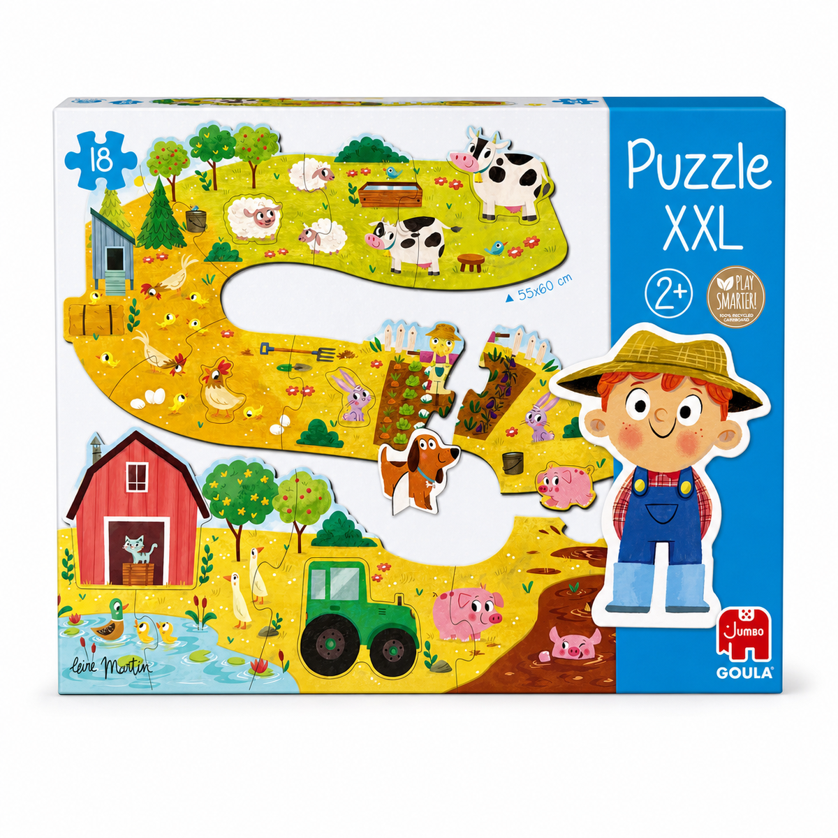 Boîte Puzzle XXL La Ferme Goula : 18 grandes pièces, 55 x 60 cm, avec figurine de fermier, dès 2 ans
