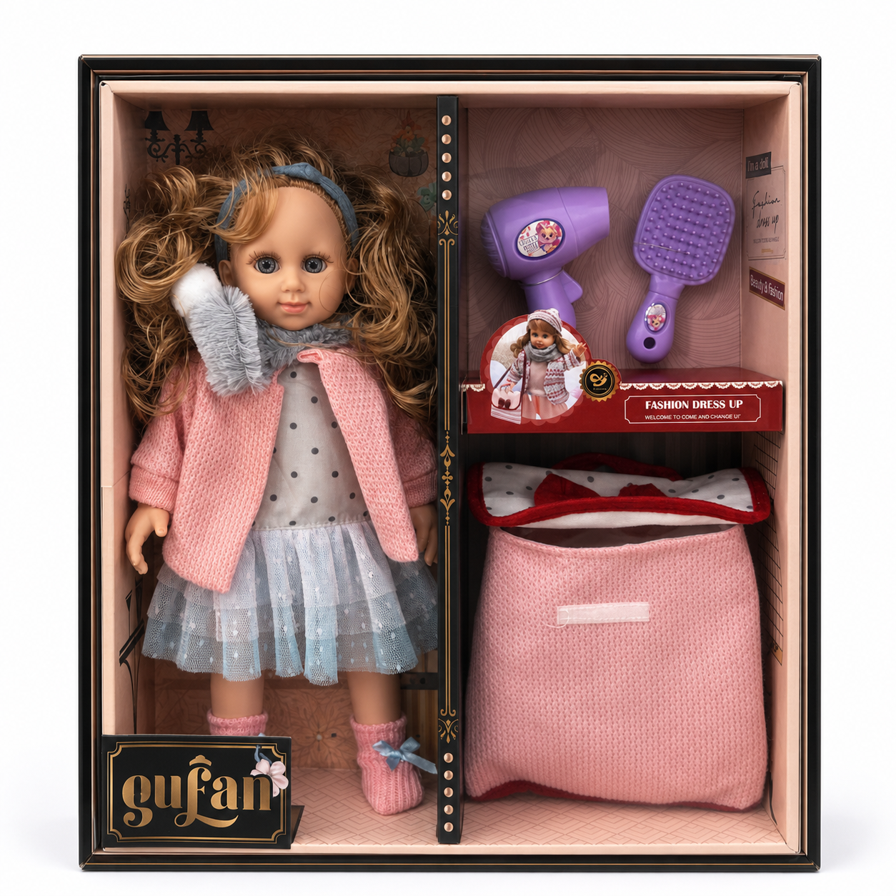 Coffret Gufan Fashion Dress Up : poupée à coiffer, seconde tenue, sèche-cheveux et brosse, dès 3 ans