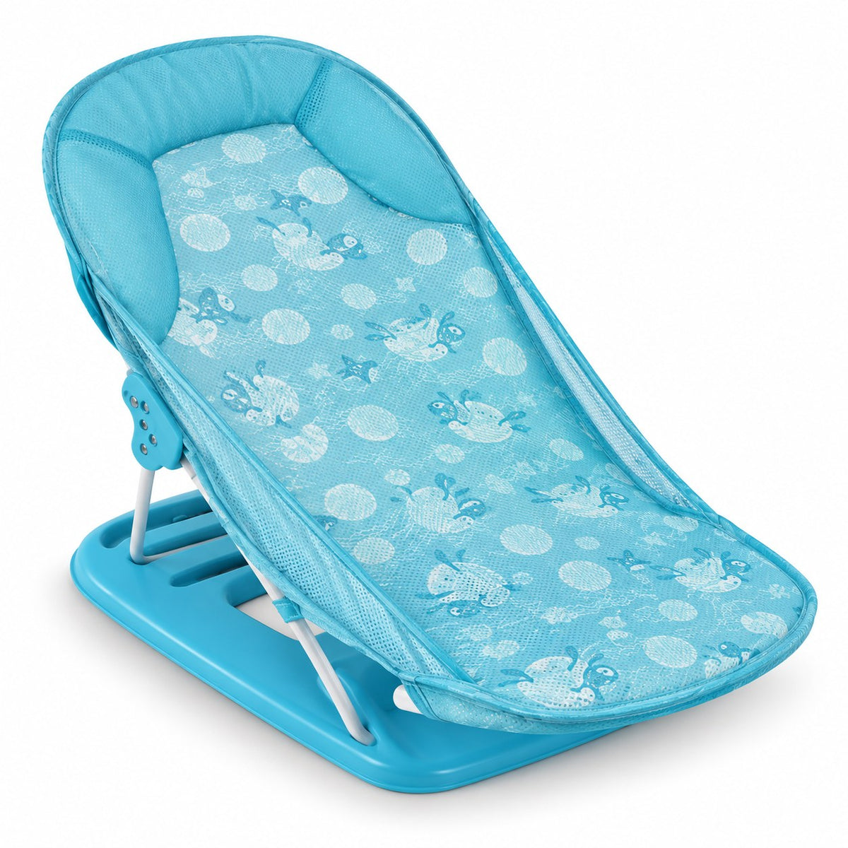 Transat de bain happicute baby turquoise, assise en filet à motifs marins, armature pliante et base large antidérapante
