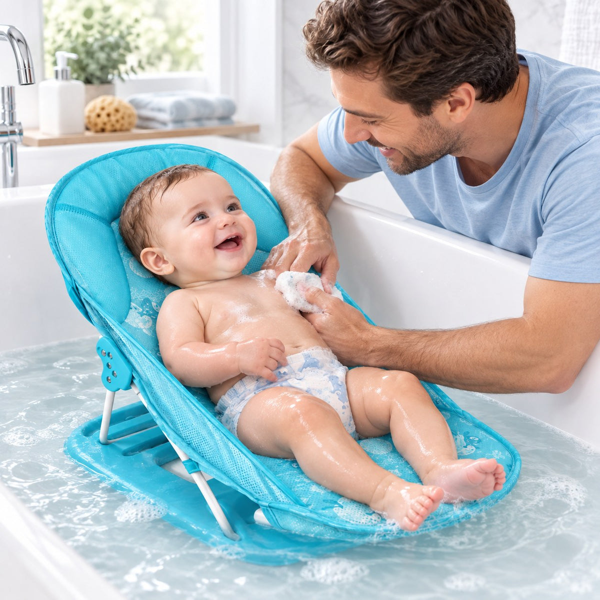 Transat de bain happicute baby installé dans la baignoire, un papa savonne son bébé confortablement incliné dessus