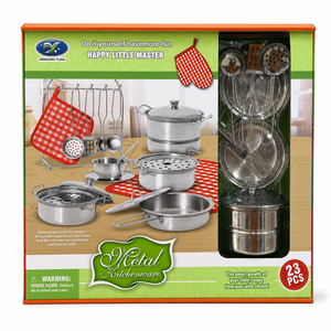 Boîte Happy Little Master : dinette en métal 23 pièces avec casseroles, ustensiles et gant, dès 3 ans