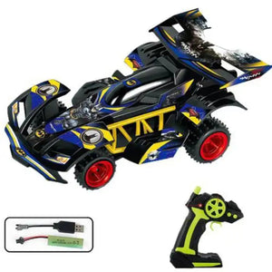 Voiture radiocommandée Hero Racing noire et jaune avec télécommande pistolet, batterie et câble USB