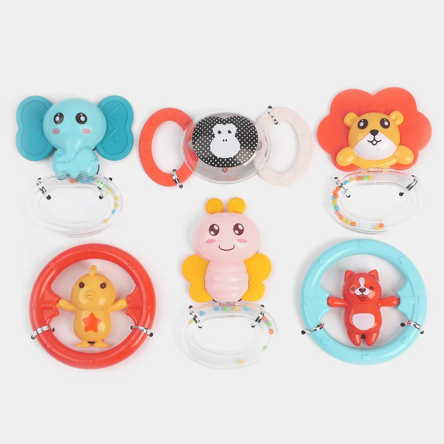 Les 6 hochets HUANGER Baby Rattles : éléphant, hérisson, lion, papillon, poussin et écureuil avec poignées transparentes à perles