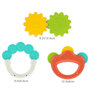 Détail des hochets HUANGER : double roue crantée, anneau de dentition A-B-C-D-E et tambourin à disques