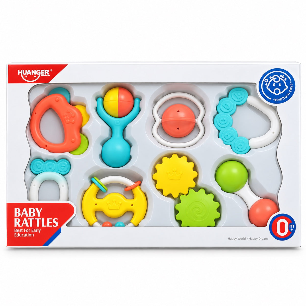 Coffret HUANGER Baby Rattles de 8 hochets et anneaux de dentition dans sa boîte à fenêtre, dès 0 mois
