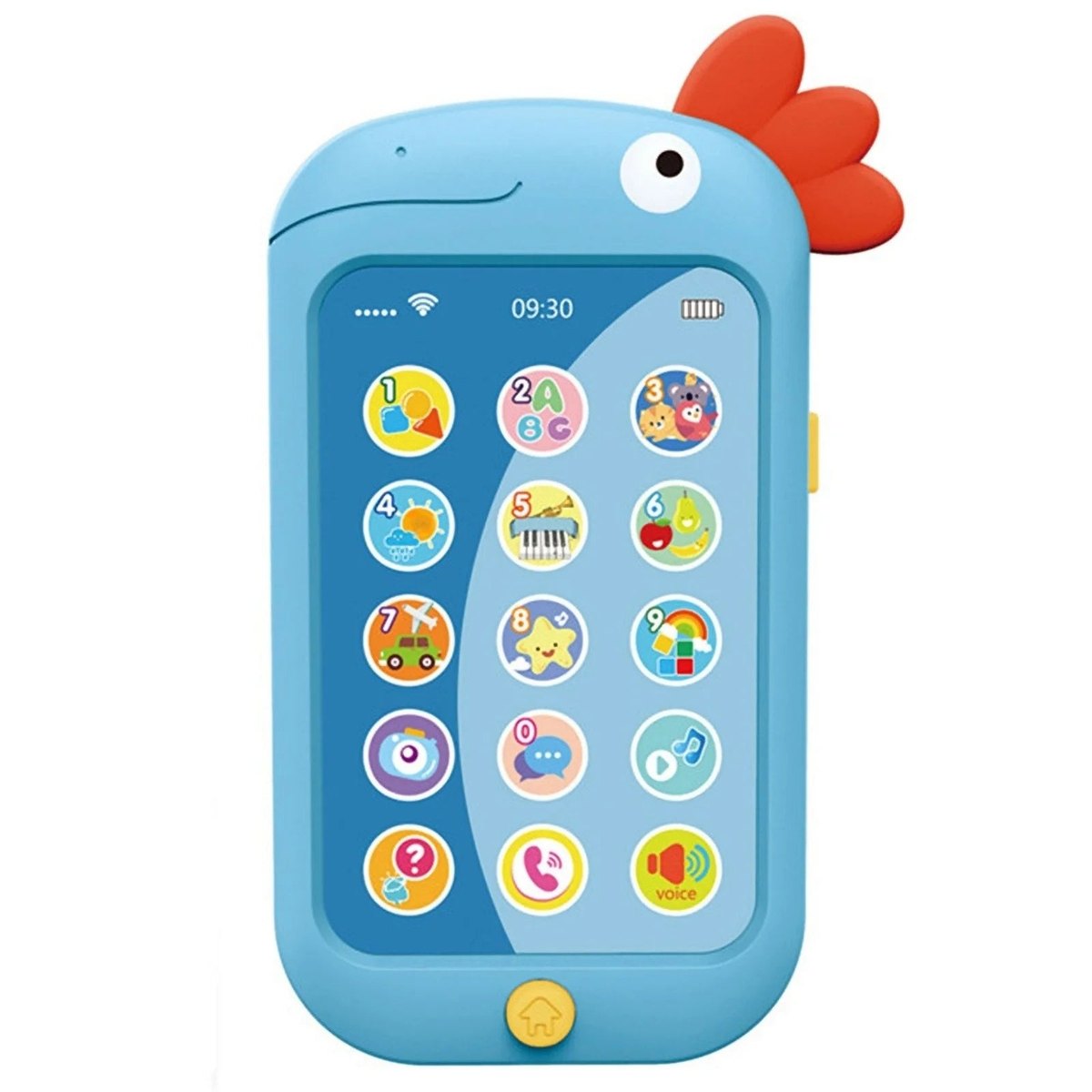 Baby Smartphone éducatif HUANGER bleu en forme d'oiseau avec crête rouge souple et écran à 15 icônes