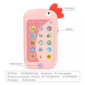 Les 10 fonctions du Baby Smartphone HUANGER : formes, alphabet, animaux, météo, instruments, fruits, véhicules, berceuses, couleurs et appareil photo