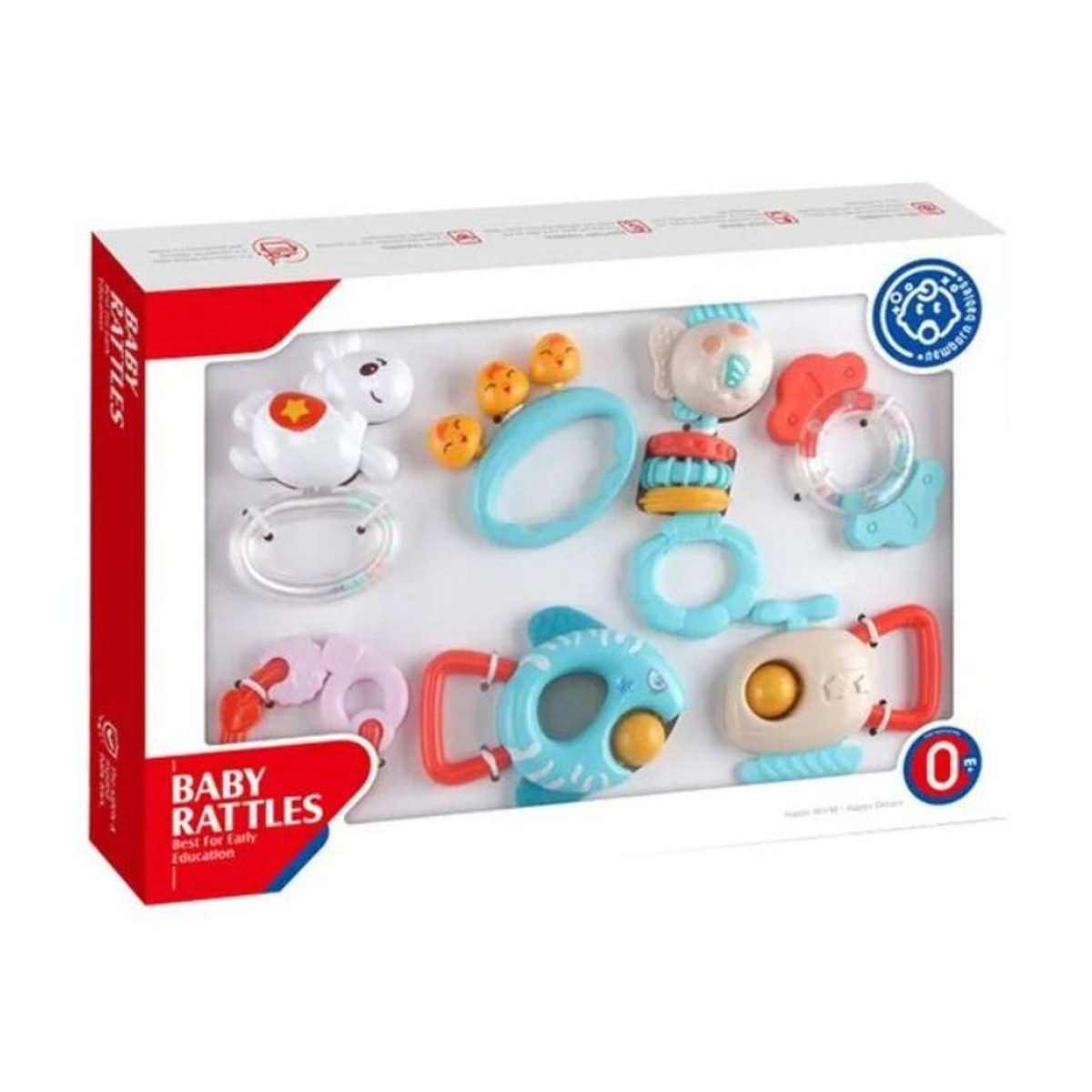 Coffret Huanger Baby Rattles fermé, 7 hochets présentés sous blister, dès 0 mois