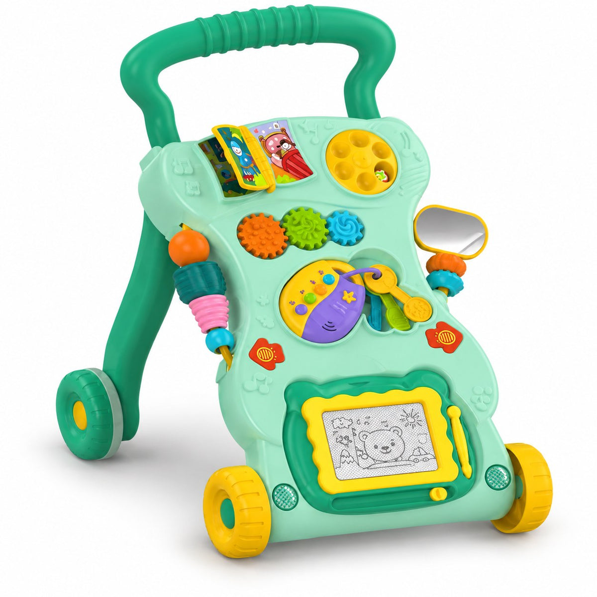 Trotteur HUANGER Music Walker vert menthe : livre cartonné, engrenages, miroir, clés de voiture, boulier et ardoise magique