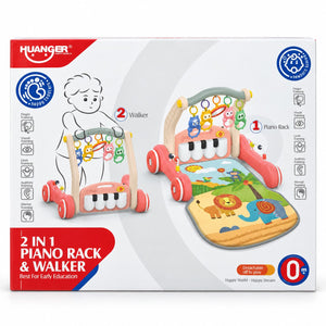 Boîte HUANGER 2 in 1 Piano Rack & Walker montrant les deux modes, tapis piano et trotteur, dès la naissance