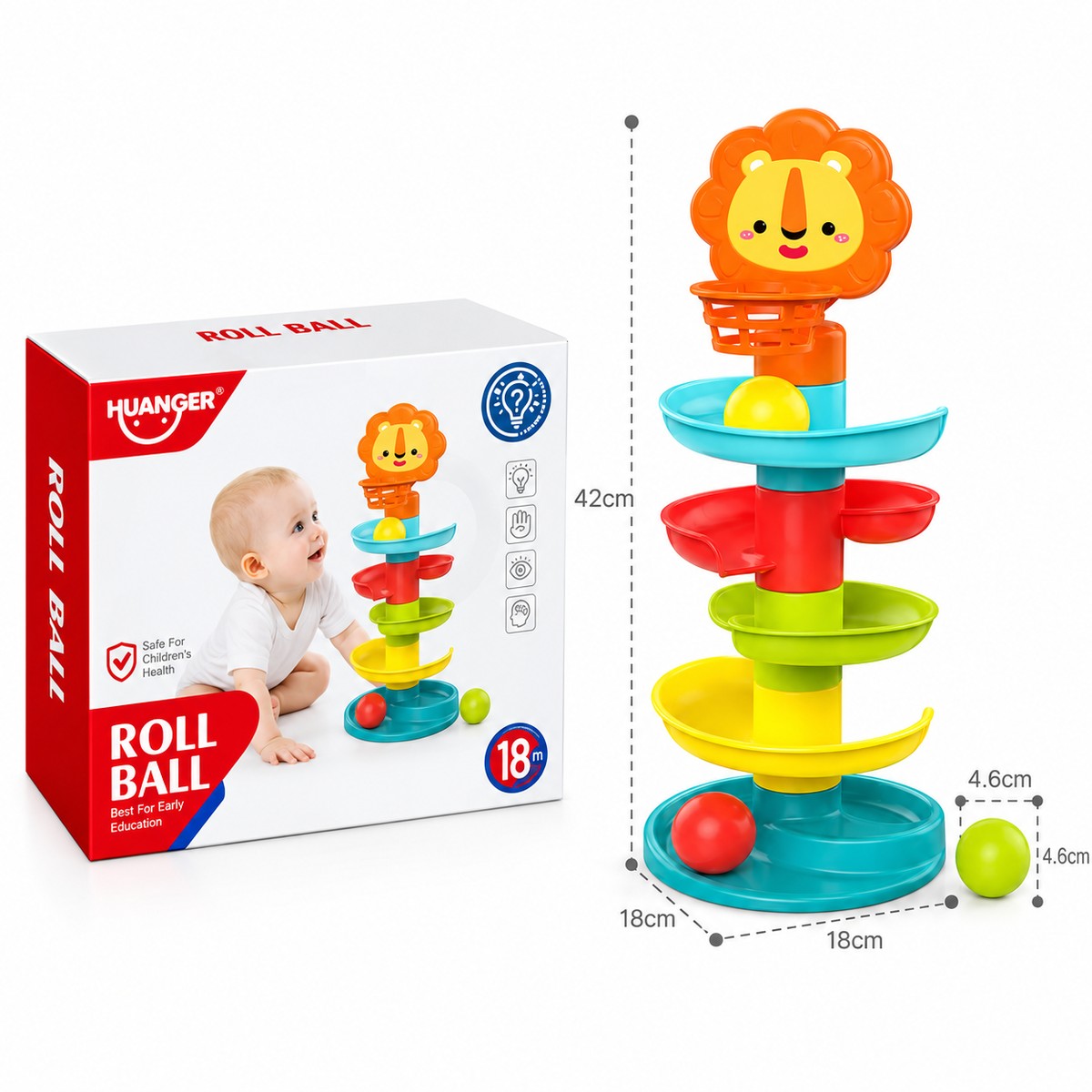 Tour à balles HUANGER Roll Ball lion de 42 cm avec sa boîte et ses dimensions