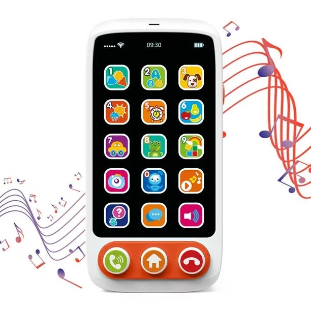 Smartphone musical HUANGER blanc et orange, écran à 15 icônes lumineuses et trois boutons appel, mode et raccrocher