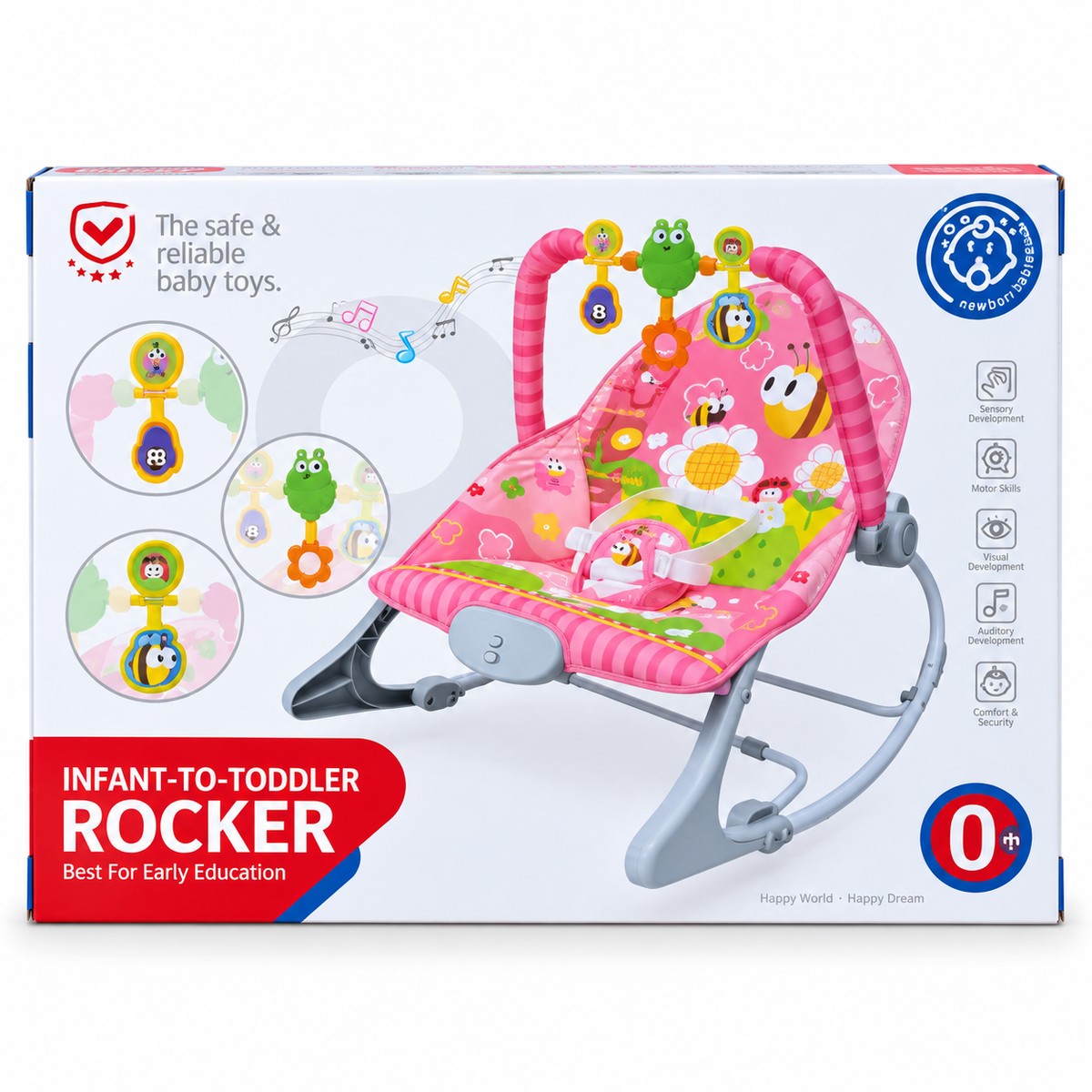 Transat à bascule HUANGER rose motif abeilles et fleurs, arche à 3 jouets