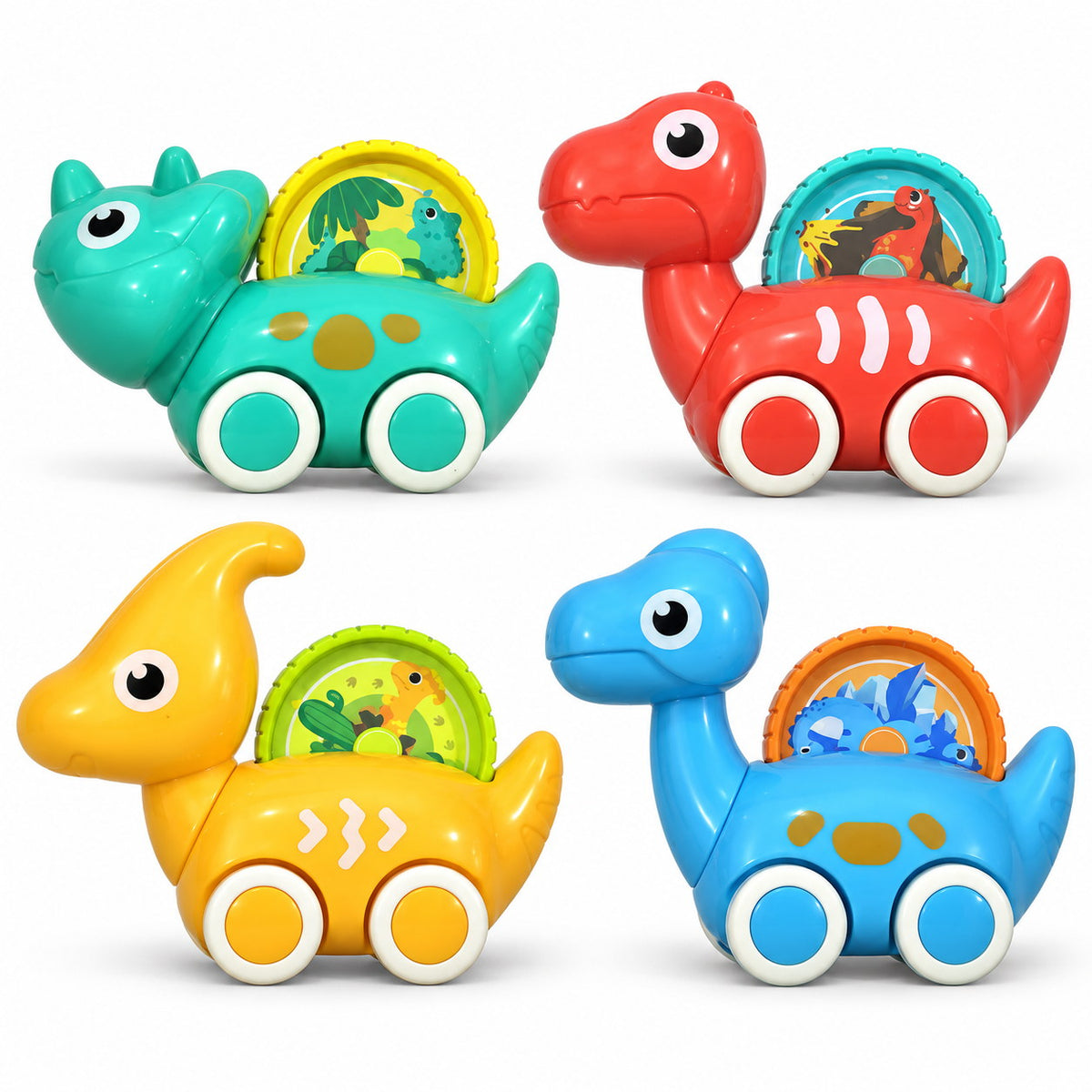 Les 4 voitures dinosaures Huanger : tricératops vert, T-Rex rouge, parasaurolophus jaune et diplodocus bleu
