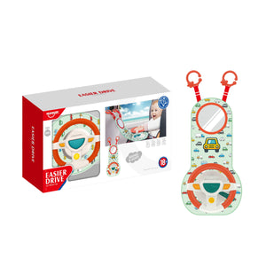 Volant sonore HUANGER Easier Drive avec son panneau imprimé voitures, miroir et crochets de fixation, à côté de sa boîte