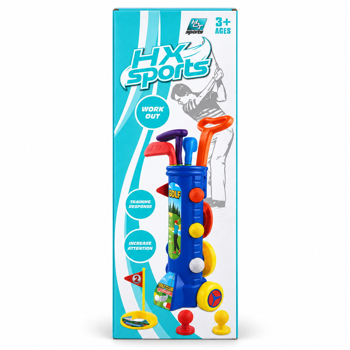 Boîte du set de golf enfant HX Sports : chariot à roulettes, clubs, balles, tees, trou et drapeau, dès 3 ans