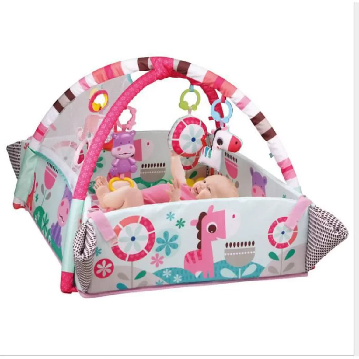 Tapis d'éveil et piscine à balles 5 en 1 rose, côtés relevés, avec bébé et balles colorées