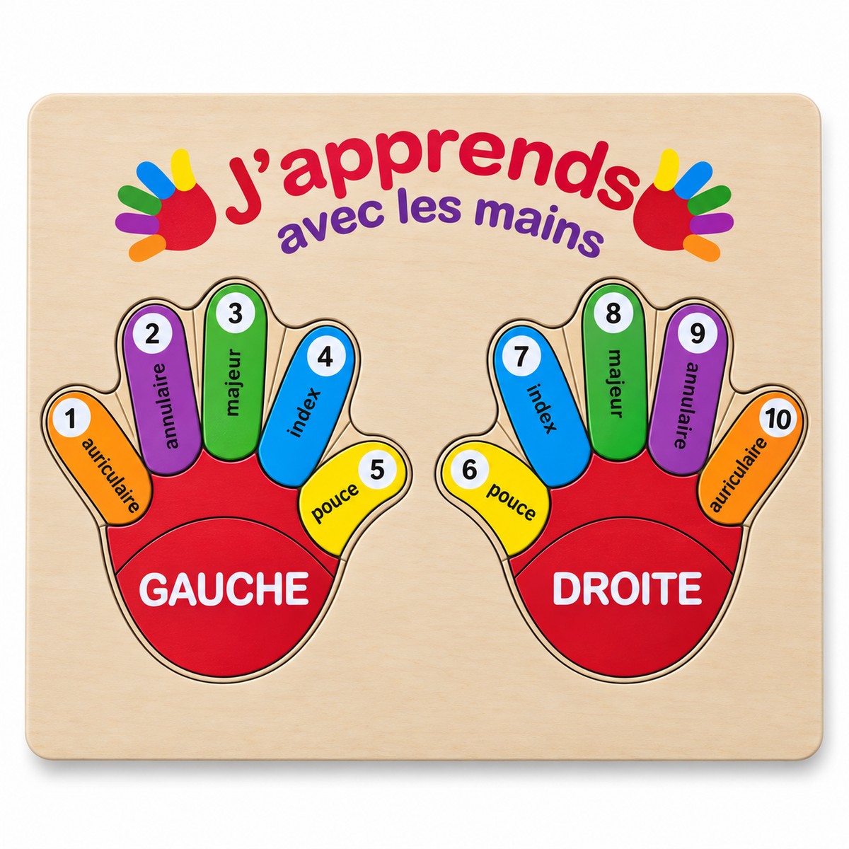 Puzzle en bois J'apprends avec les mains : main gauche et main droite, doigts numérotés de 1 à 10