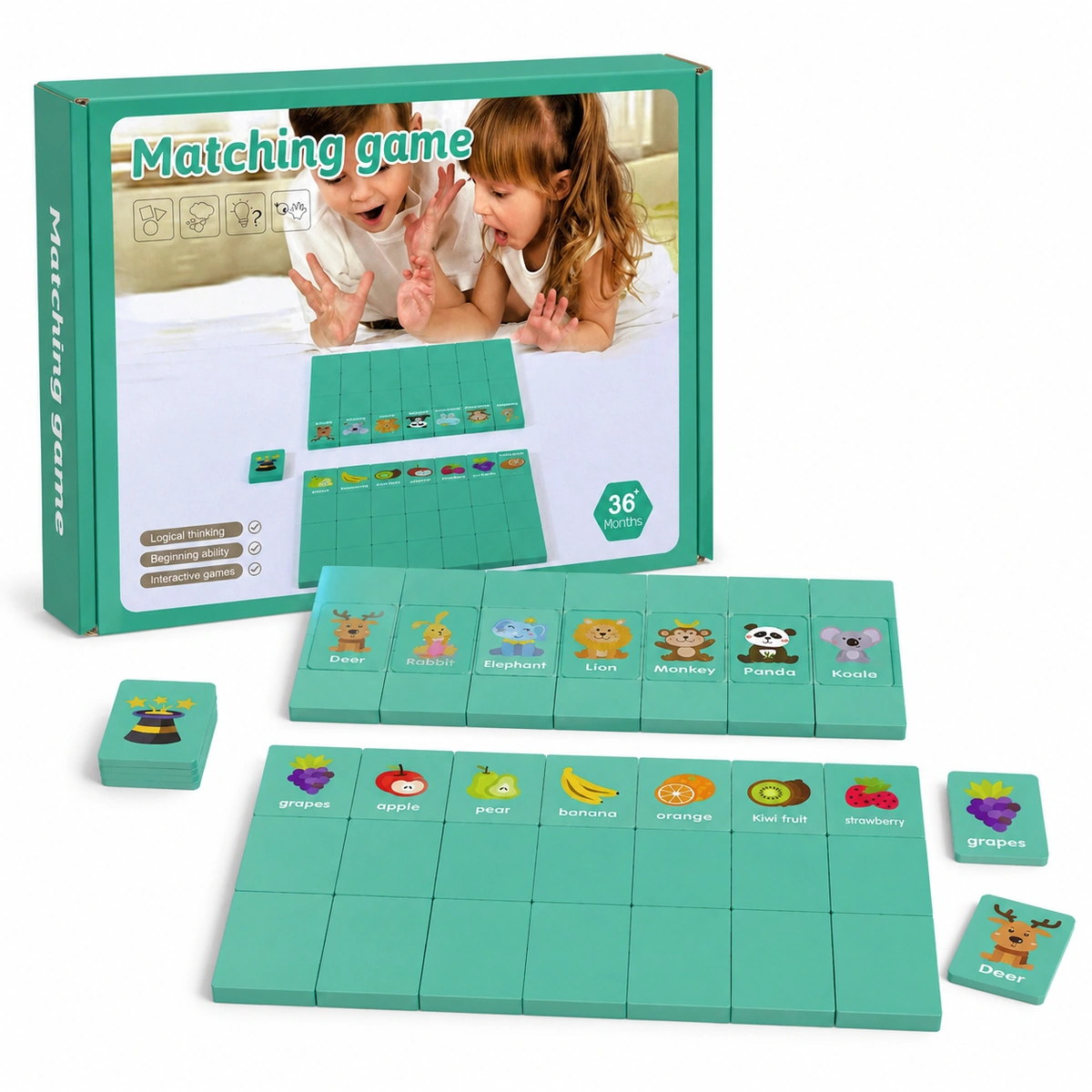 Contenu du jeu d'association fruits et animaux avec sa boîte verte