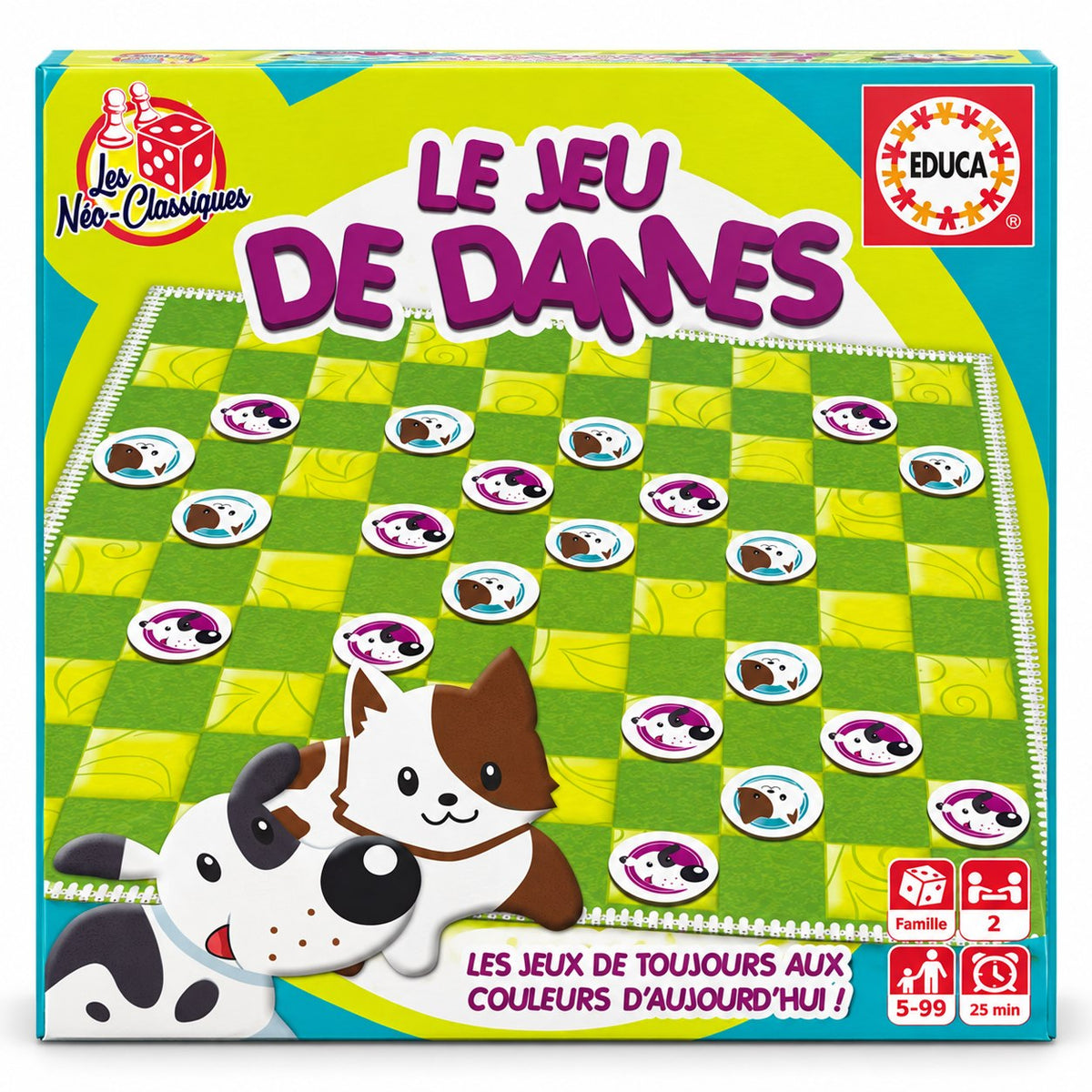 Boîte du Jeu de Dames EDUCA Néo-Classiques, pions chiens, 2 joueurs de 5 à 99 ans
