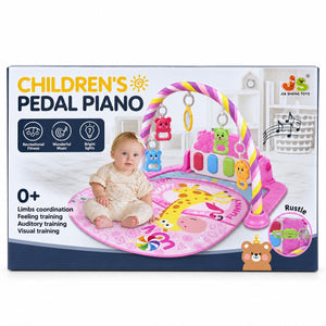 Boîte du tapis piano d'éveil Jia Sheng rose, décor girafe, avec arche à hochets et piano au pied