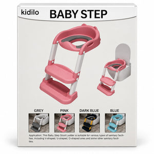 Boîte Kidilo Baby Step : réducteur installé sur les toilettes et les 4 coloris disponibles