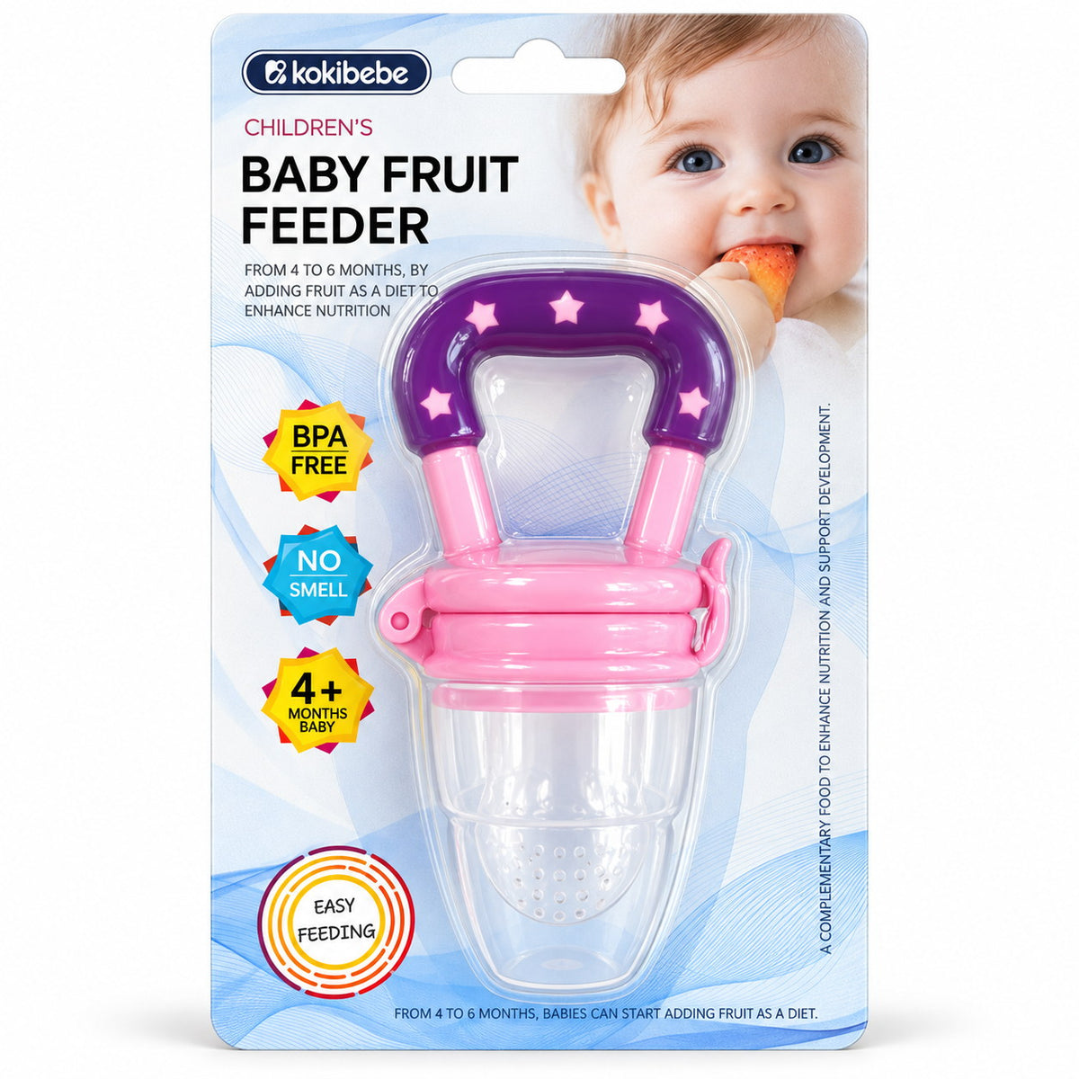 Grignoteuse bébé kokibebe rose et violette sous blister, tétine en silicone perforé