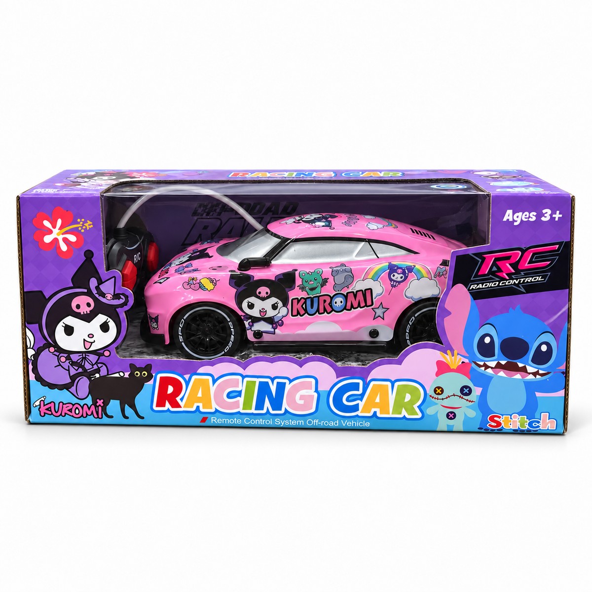 Voiture de course radiocommandée Kuromi rose avec sa télécommande, dans sa boîte vitrine, dès 3 ans