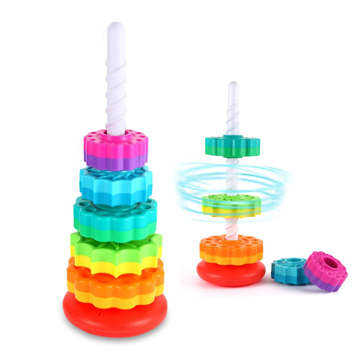 Tour arc-en-ciel LMTNNB : disques dentés colorés empilés sur une tige hélicoïdale blanche et socle rouge, et démonstration du disque qui tourne