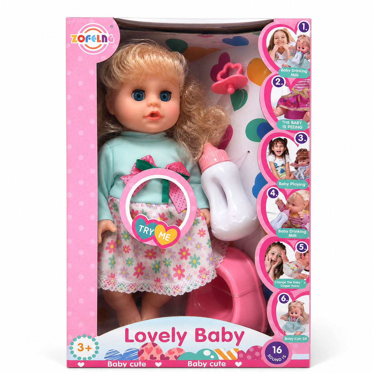 Boîte Lovely Baby : poupée interactive 6 fonctions avec biberon, sucette et pot, 16 sons, dès 3 ans