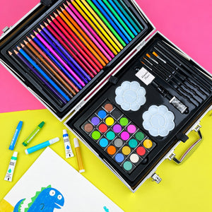 Godets d'aquarelle, deux palettes fleur, pinceaux et gomme malléable de la mallette d'art licorne