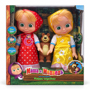 Coffret Macha et Michka : poupée en robe rouge à pois, poupée en robe jaune à fleurs et figurine d'ours