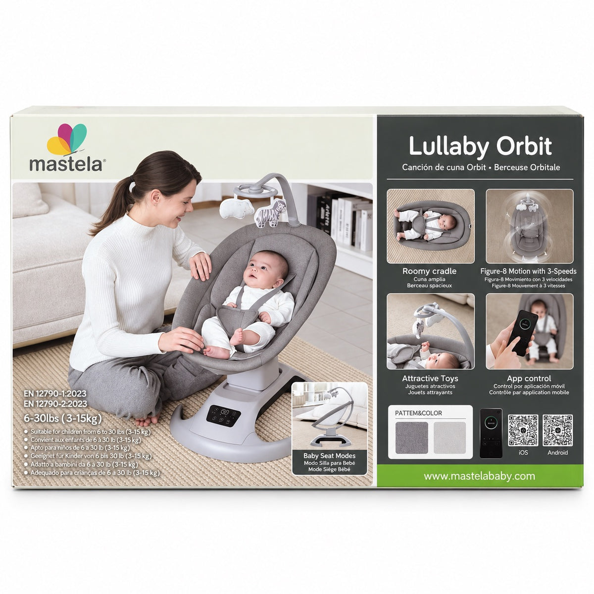 Emballage Mastela Lullaby Orbit : mouvement en 8 à 3 vitesses, pilotage par application, 3 à 15 kg