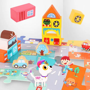 Enfant construisant un immeuble avec les blocs Mideer sur le tapis de jeu