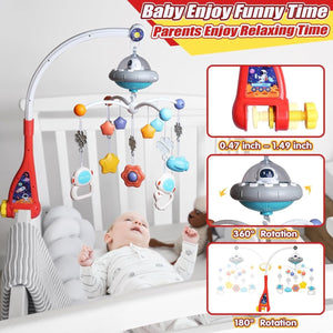 Mobile Espace fixé au lit à barreaux au-dessus d'un bébé, avec rotation 360° et pince réglable