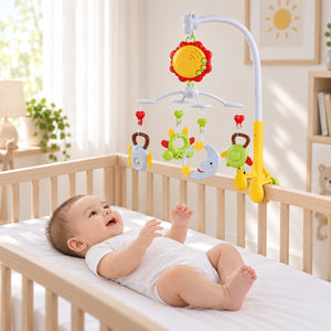 Mobile musical Youleen tournesol fixé au barreau d'un lit bébé, bébé regardant les 4 jouets suspendus